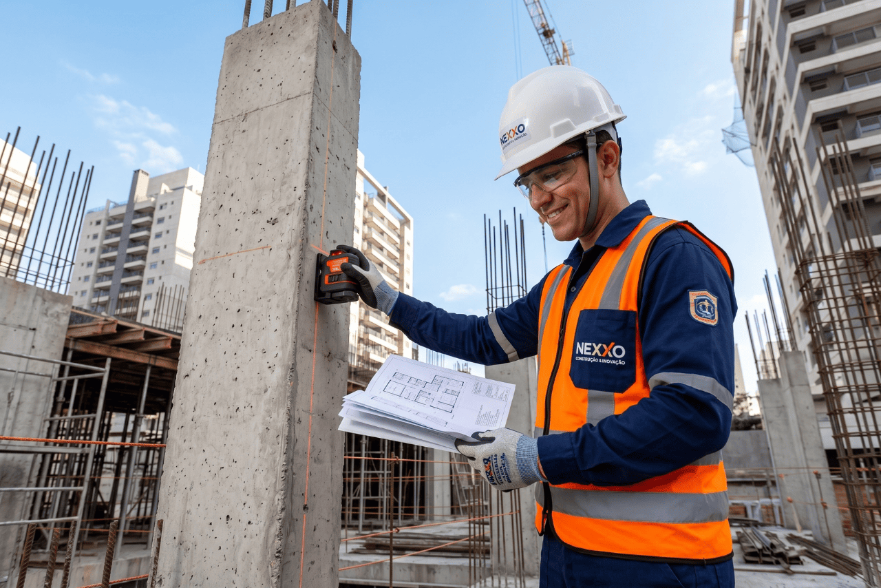 Equipe de construtora avaliando projeto de obra em São Paulo