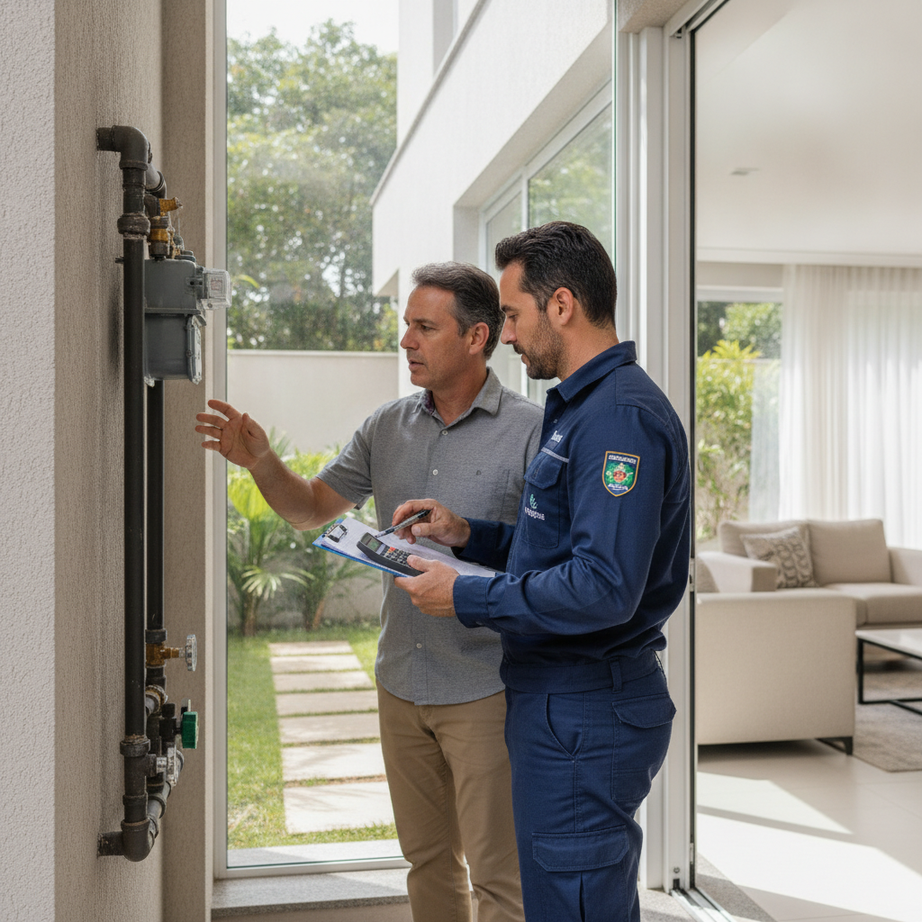 Técnico calculando orçamento de instalação de gás natural em São Paulo