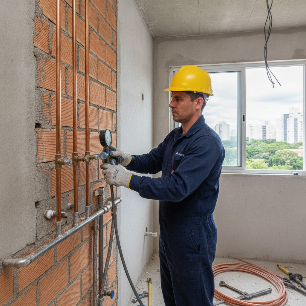 Técnico inspecionando instalação de gás natural em obra residencial